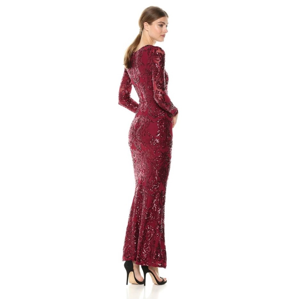 Betsy & Adam Red Long Sleeve Sequin Gown for Weddings